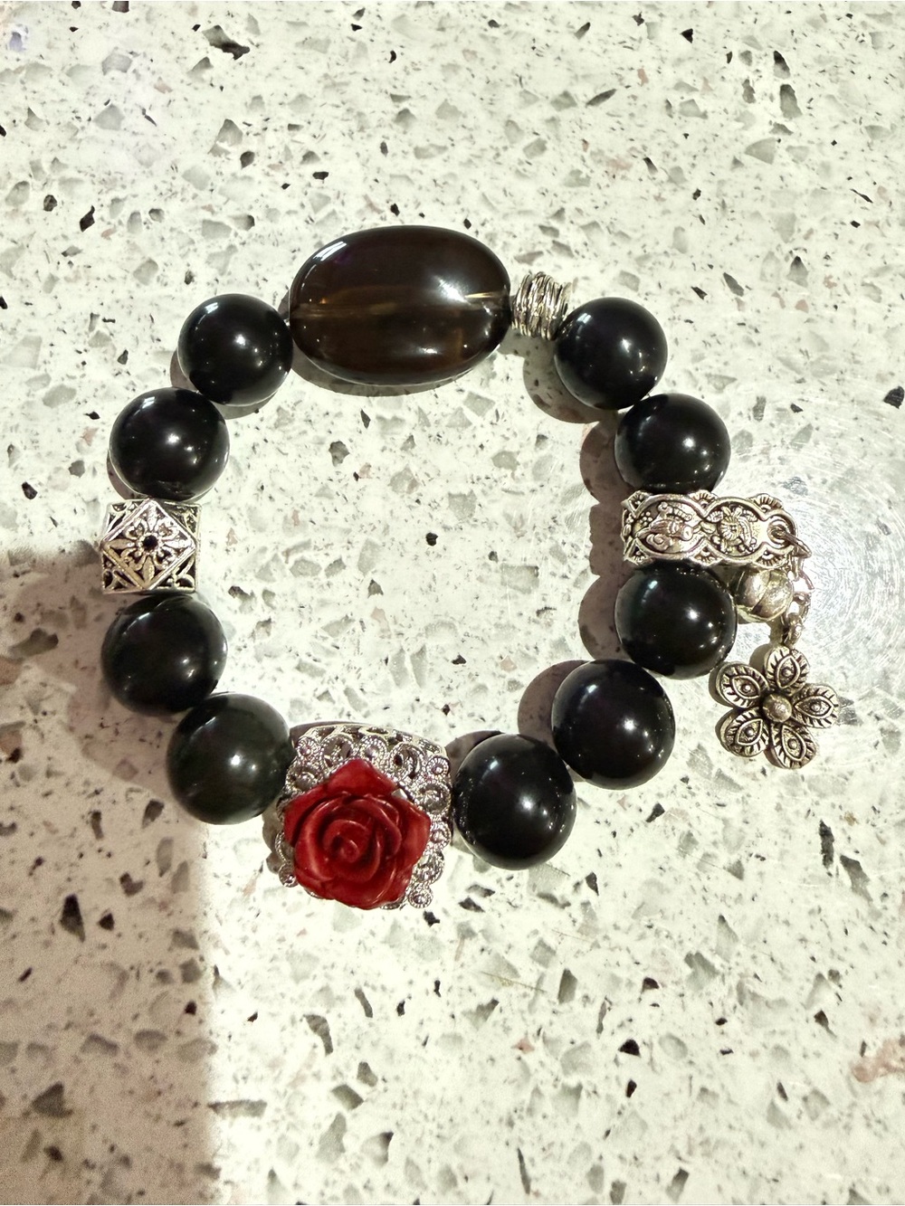 Obsidian Smoky Quartz Stretch Bracelet，Re Rose Gothic Crystal Bracelet
